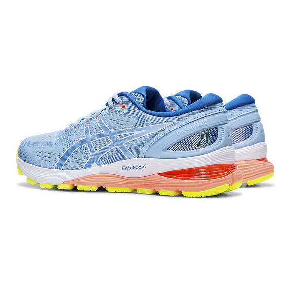 博客來-Asics GEL-Nimbus 21 D [1012A155-402] 女鞋運動慢跑馬拉松高緩衝寬楦水藍23.5cm 水藍/橘